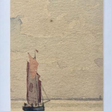 [Aquarel, drawing, 19th century] Klein aquarelletje, 8x4 cm. van een scheepje, met verso 'Th. de Broutelles, Dieppe', 19e- eeuws.