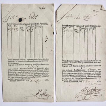 [Receipt, twaalfde penning, taxes, 1782] 2 kwitanties voor Johannes van Elst betr. betaling van de twaalfde penning Amsterdam, 1781 en 1782.