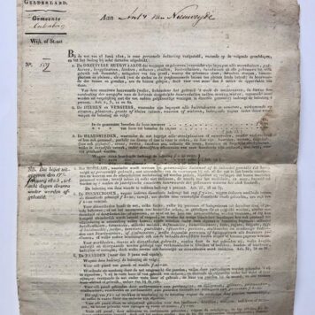 [Publication with handwritten text, taxes, 1823] Beschrijvingsbiljet voor de belasting op het personeel t.n.v. Anty van Nieweyde te Culemborg, 1823. Deels gedrukt, folio, 4 pag.