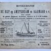 [Timetable, ship, 19th century] Dienstregeling voor het motorschip van De Rijp op Amsterdam en Alkmaar. Gedrukte kaart, 14x17 cm. Met afbeelding van het schip. 19e- eeuws.