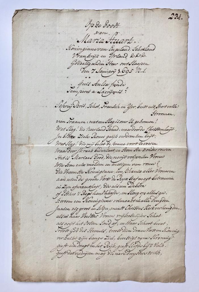  - [Manuscript, poem, 18th century] Gedicht door J.A.D. Rouck, J.C. op de dood van Maria Stuart, 1695. 18de- eeuws, manuscript, folio, 2 pag.