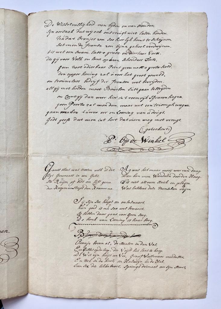  - [Manuscript, poem(s), 18th century] Twee gedichten door P. op de Winkel, 18de- eeuws, manuscript, 4 pag. folio.