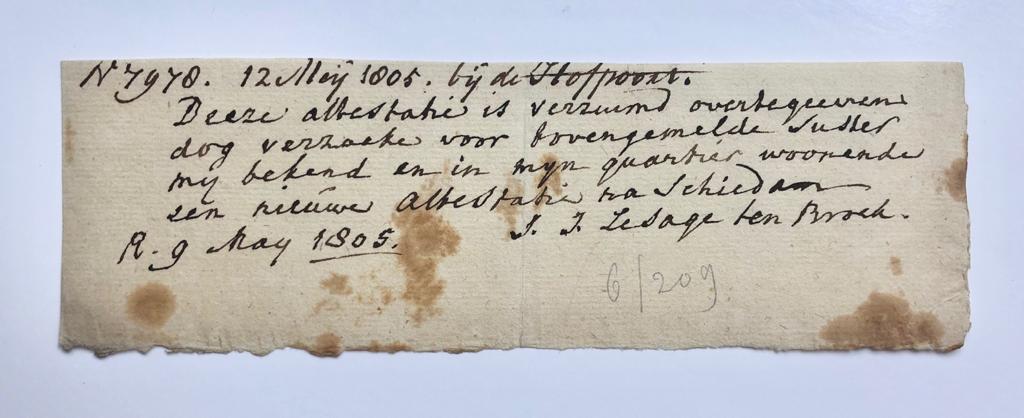  - [Manuscript 1805] Verzoek van ds. J.J. le Sage ten Broek om een nieuwe attestatie uit te schrijven. dd. 1805. Manuscript, 1 pag. (met diens handtekening).