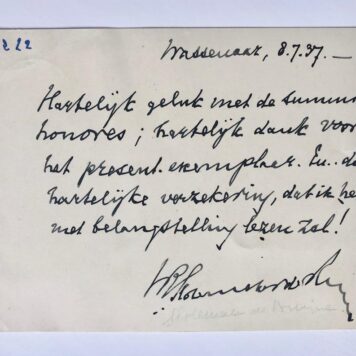 [Manuscript 1937] Kaartschrijven van minister Slotemaker de Bruine, dd. Wassenaar 1937.