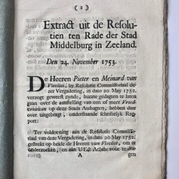 [Printed publication 1753, midwife] 'Extract uit de resolutien ten Rade der stad Middelburg in Zeeland, den 24-11-1753'. Gedrukt, 4o, 22 pag. Orig. blauw papieren omslag.