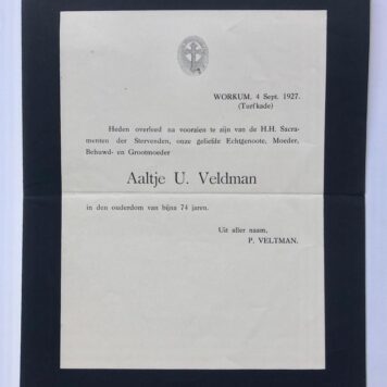 [Printed funeral card 1927] Overlijdensbericht Aalte U. Veltman-Veldman, 1927, 1 pag, gedrukt.