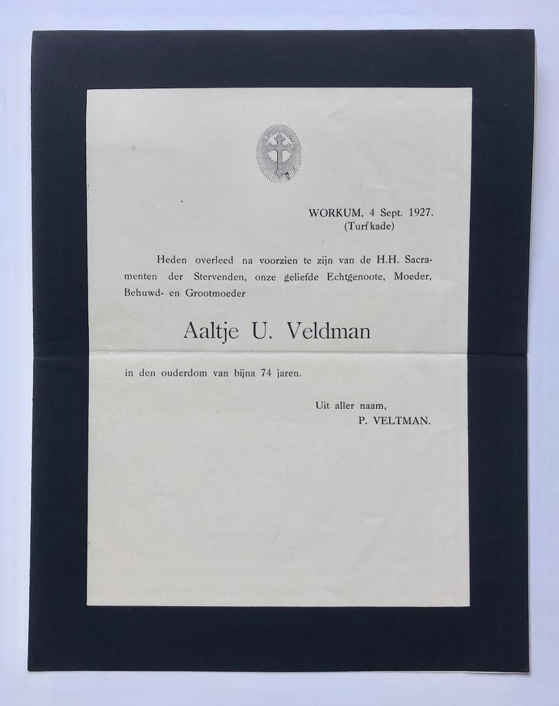  - [Printed funeral card 1927] Overlijdensbericht Aalte U. Veltman-Veldman, 1927, 1 pag, gedrukt.