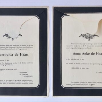 [Funeral card(s), 1948] Acht berichten van overlijden van familieleden De Haan te Harlingen, 1927-1948.