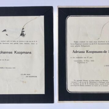 [Funeral card(s), 1948] Acht berichten van overlijden van familieleden De Haan te Harlingen, 1927-1948.