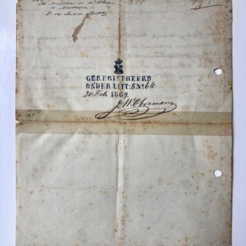 [Vaccination certificate, 1869] Vaccinatiebewijs voor Peter Heinrich Leonhardt Schwärzer, geboren 27-1-1860 te Amsterdam. Dd. Amsterdam 1864, getekend door de arts G.W. Adler, geregistrerd 1869. 1 blad. Manuscript.