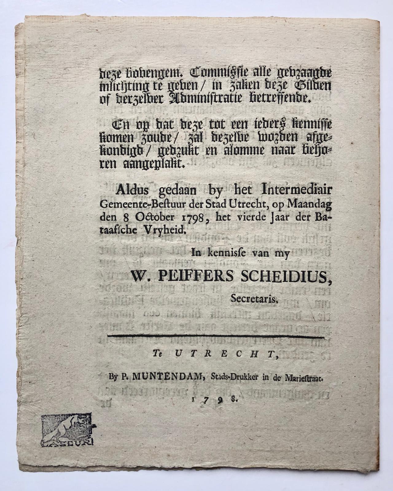 [Printed publication, Batavian Republic, 1798] Publicatie van de Raad der stad Utrecht 26-11-1795, betr. afschaffing ambachtsgilden. Gedrukt (bij P. Muntendam), folio, 1 pag.