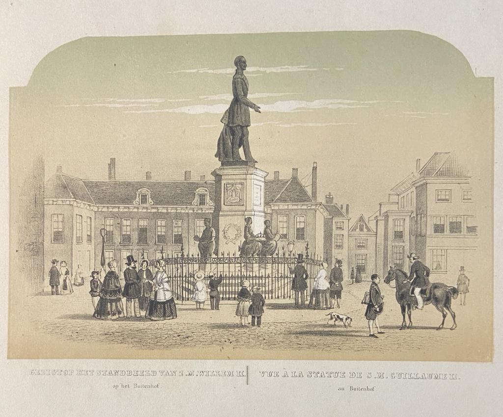  - [Antique print, colored lithograph, The Hague] Gezigt of het standbeeld van Z.M. Willem II op het buitenhof/ Vue  la statue de S.M. Guillume II au Buitenhof (Standbeeld van Koning Willem II), published 19th century.