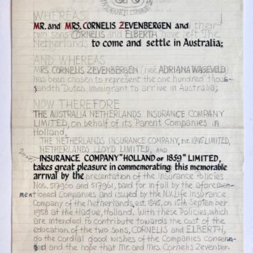 [Draft manuscript charter 1958] Concept voor een oorkonde d.d. 1958, voor de emigratie naar Australie van het echtpaar Cornelis Zevenbergen en Adriana Wageveld met hun zonen Cornelis en Elbert. Manuscript, 1 pag.