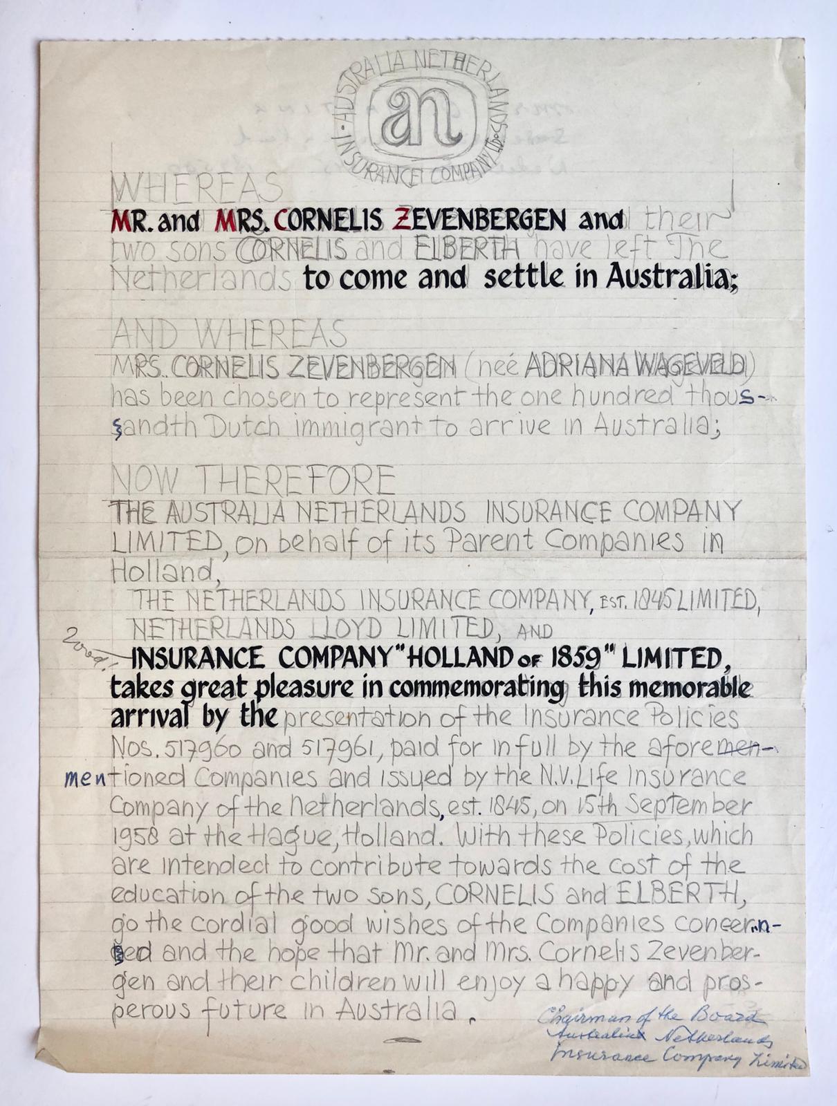  - [Draft manuscript charter 1958] Concept voor een oorkonde d.d. 1958, voor de emigratie naar Australie van het echtpaar Cornelis Zevenbergen en Adriana Wageveld met hun zonen Cornelis en Elbert. Manuscript, 1 pag.