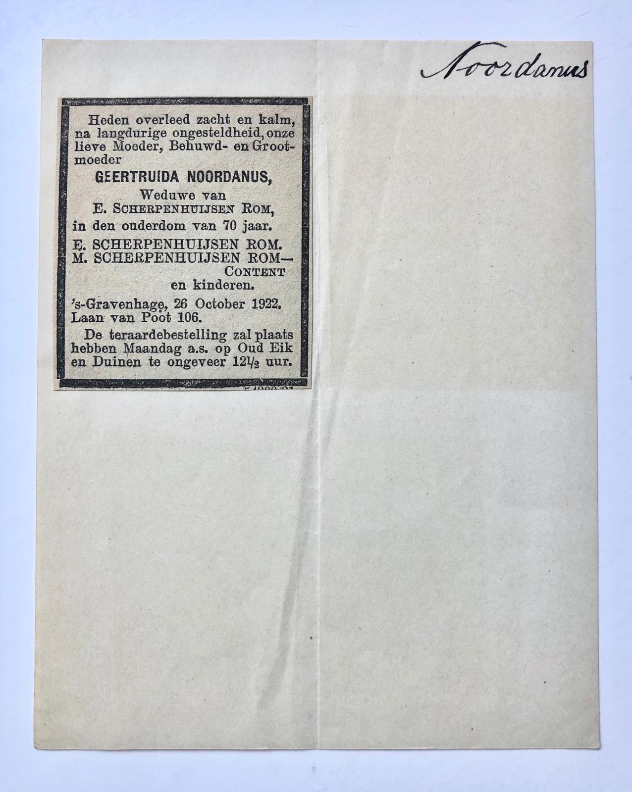 [Family newspaper advertisement 1962] Twee familieadvertenties Noordanus, 1922-1962.
