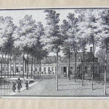 [Antique print, etching, The Hague] Oranjerie op Zorgvliet, Gezicht op de oranjerie en de stallen van Zorgvliet, published ca. 1750.