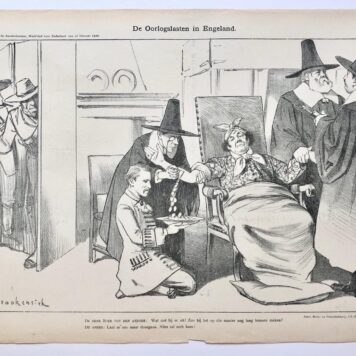 [Original lithograph/lithografie by Johan Braakensiek] De Oorlogslasten in Engeland, 16 Februari 1902, 1 pp.
