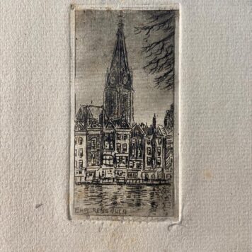 [Modern print; etching] View of canal in The Hague with in the back the tower of the Grote Kerk (also St. Jacobskerk), published before 1950.