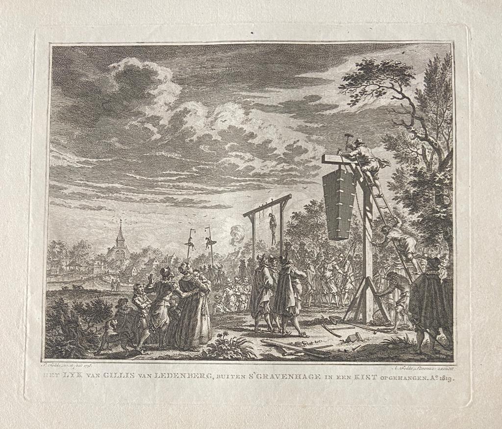 [Antique print, etching, The Hague] 'Het lyk van Gillis van Ledenberg, buiten s'Gravenhage in een kist opgehangen, A[nno] 1619'; Gillis van Ledenberg hanged, 1619, published 1776.