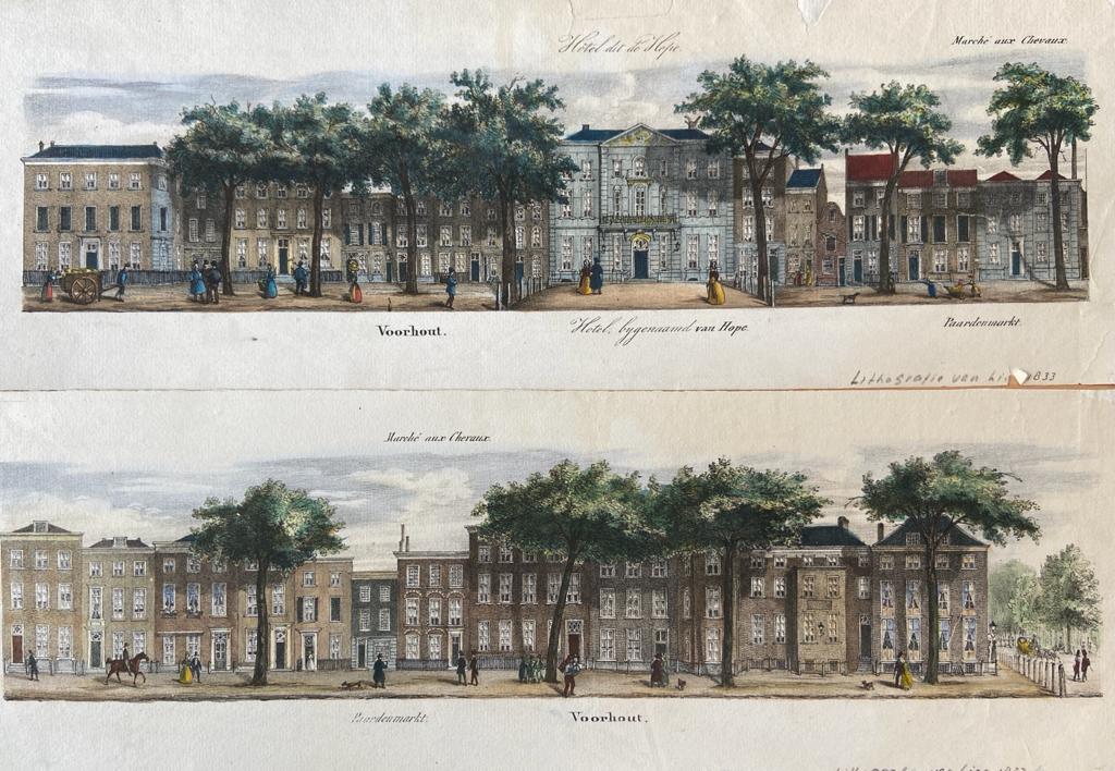 [2 Coloured lithography's, 2 gekleurde lithografien, The Hague] Hotel dit de Hope, Voorhout, Paardenmarkt, Marché aux Chevaux, Panorama Korte Voorhout, 1 p., published 1833