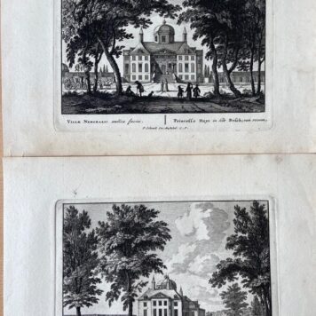 [2 Antique print, etching, gekleurde ets, The Hague, 1705] Gezicht op Huis ten Bosch: Villae Nemoralis, Principum facies Lateralis/ Princessen Huys in het Bosch op Zy AND Princesse Huys in het Bosch, van vooren, steriense Templum, avicularumque Garrientium (in nemore) Aggerem, 1 p, published 1705. (kopie)