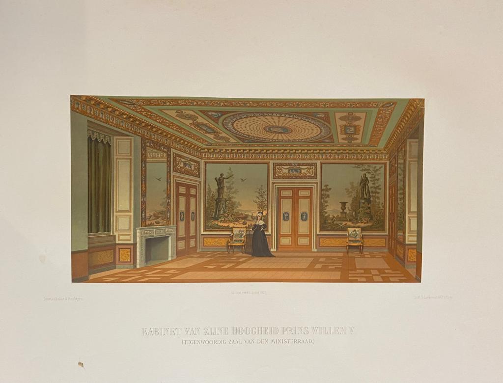  - [Large Lithograph, lithografie, The Hague] Kabinet van zijne hoogheid Prins Willem V (Tegenwoordig zaal van den ministerraad), 1 p., published 19th century.