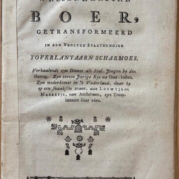 [Printed publication, 1782, Wassenaar, Toverlantaarn, magic lantern] De Wassenaarsche boer, getransformeerd in een vrolyke staatkundige toverlantaarn scharmoes. Verhaalende zyn dienst als stal-jongen by den hertog, [s.l., s.d.], 40 pp.