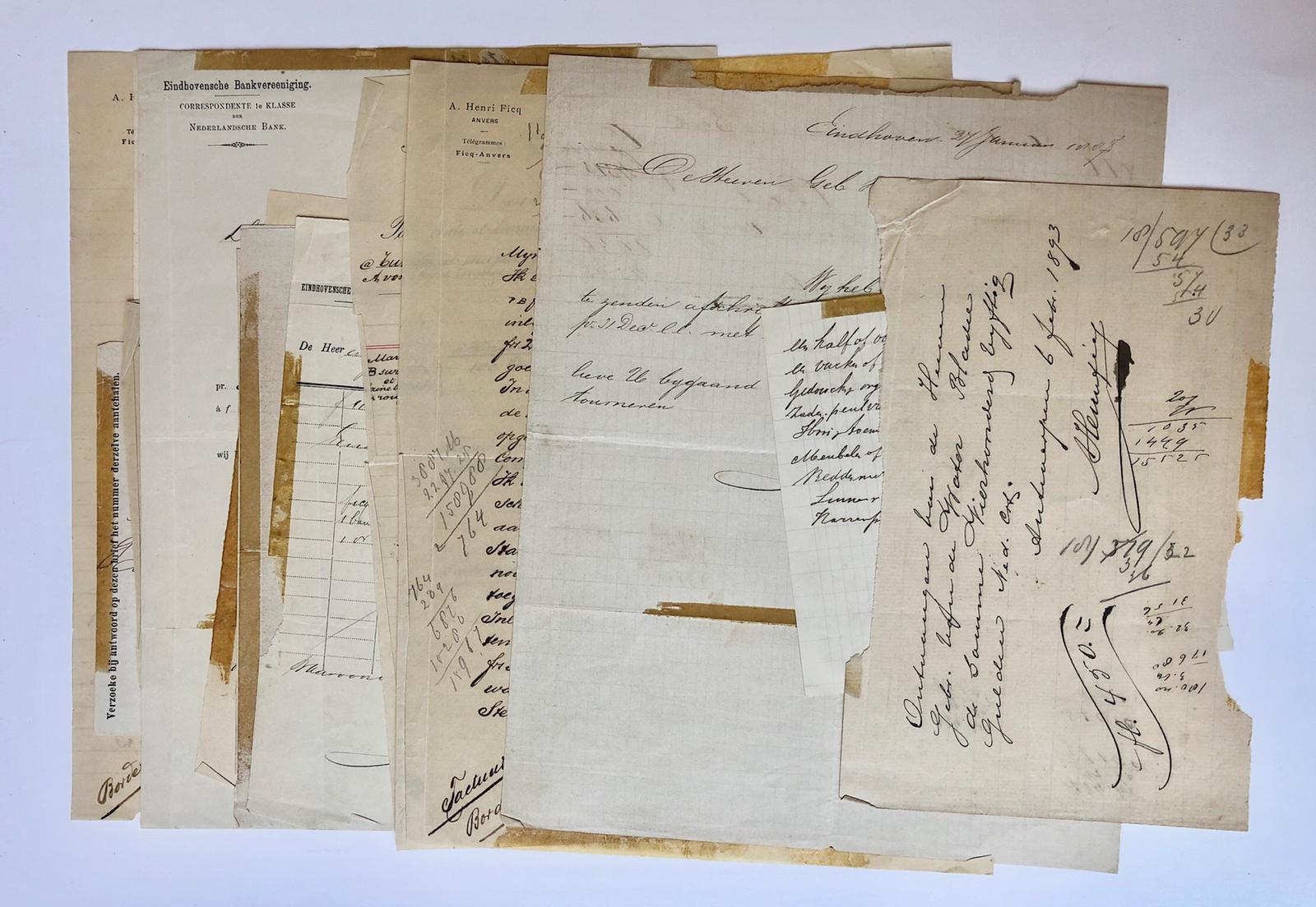  - [Divers documents 1890] Ca. 15 nota's en andere papieren afkomstig van de fa. gebr. Van de Water, looierij te Bladel, ca. 1890. Manuscripten.