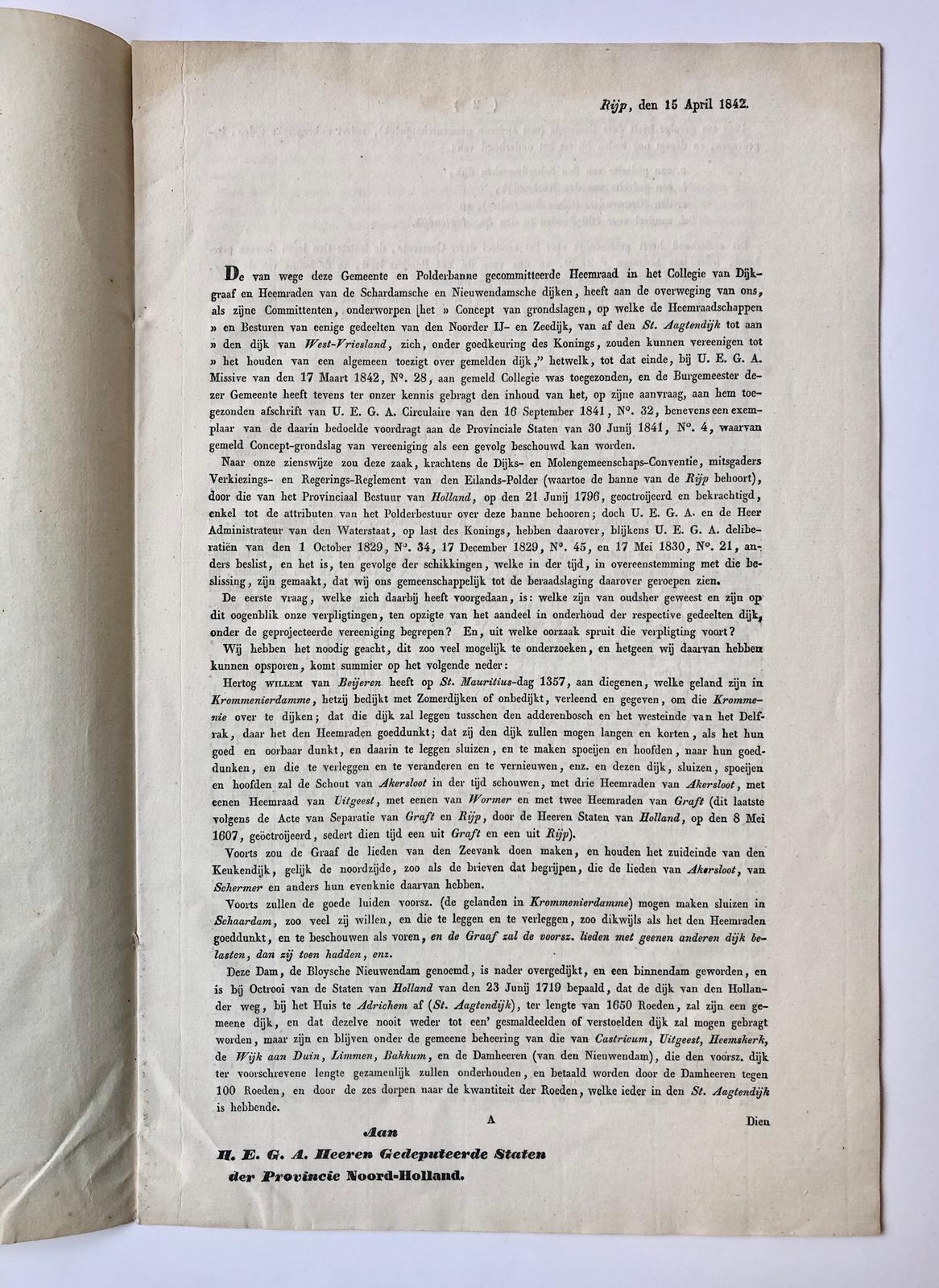 [Printed letter 1842] Gedrukte brief van de besturen van gemeente en polderbanne van De Rijp aan Gedeputeerde Staten van Noord-Holland, dd. Rijp 15-4-1842. Folio, 8 pag.