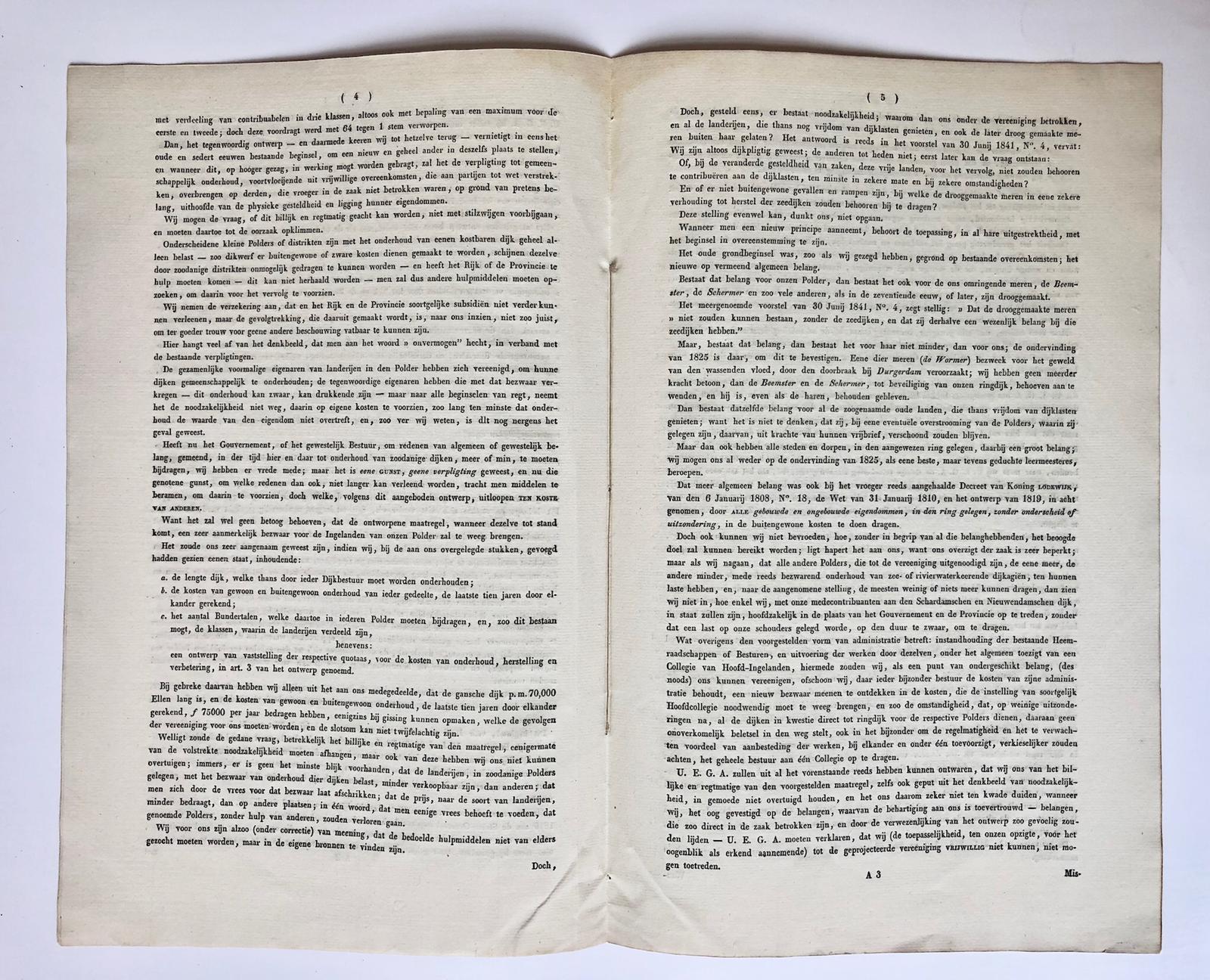 [Printed letter 1842] Gedrukte brief van de besturen van gemeente en polderbanne van De Rijp aan Gedeputeerde Staten van Noord-Holland, dd. Rijp 15-4-1842. Folio, 8 pag.