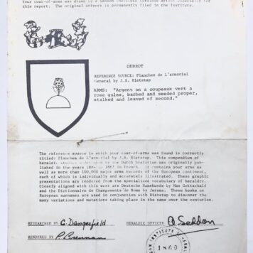 [Design family coat of arms, Printed letter 1966] Brief van dr. A. Debrot, d.d. Curacao 1966 aan G. Halwasse betr. familiewapen Debrot. Manuscript, 1 pag. met 2 bijlagen.