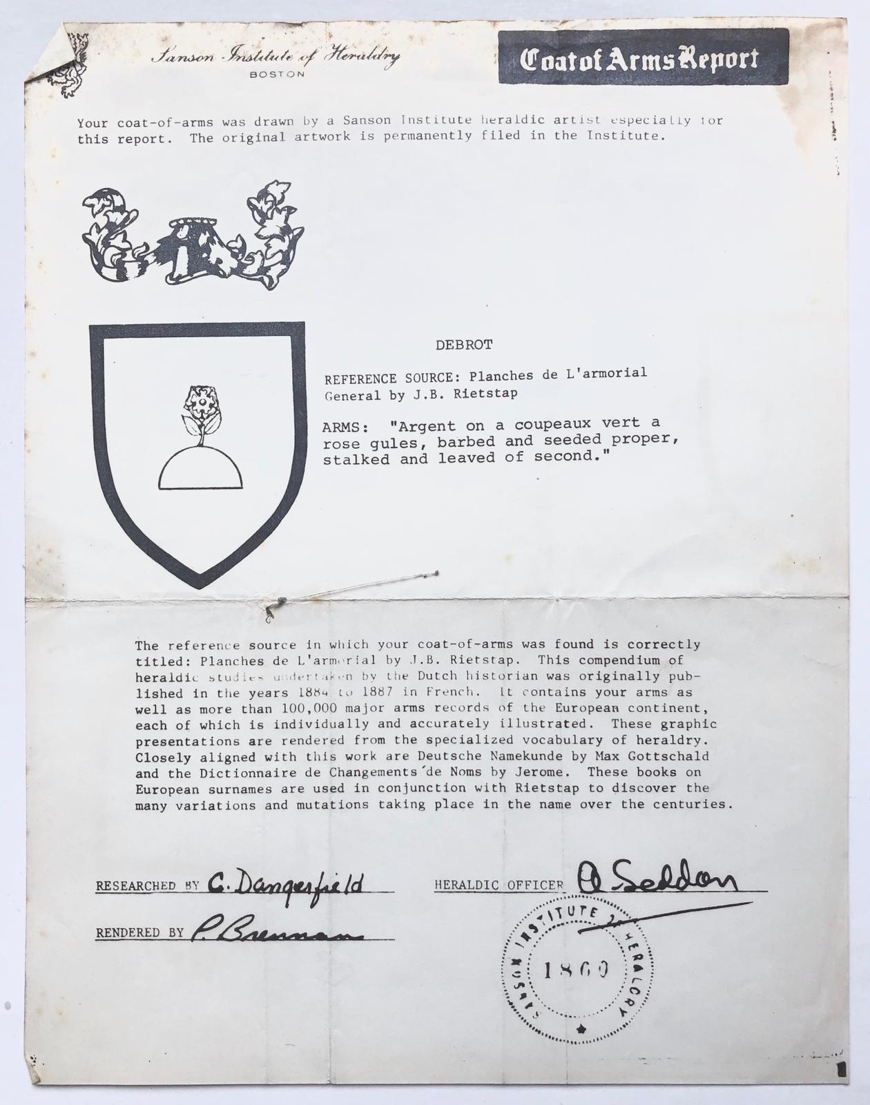  - [Design family coat of arms, Printed letter 1966] Brief van dr. A. Debrot, d.d. Curacao 1966 aan G. Halwasse betr. familiewapen Debrot. Manuscript, 1 pag. met 2 bijlagen.