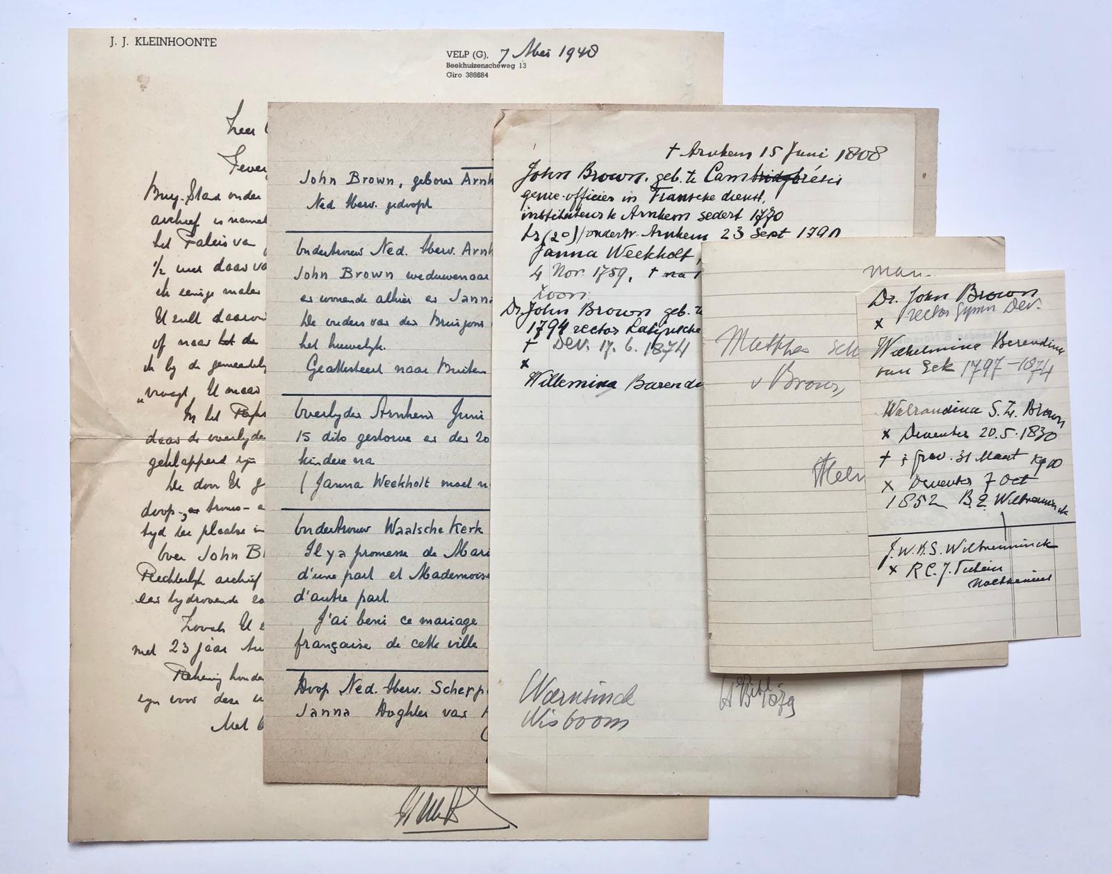  - [Manuscript, letter, 1948] Brief van J.J. Kleinhoonte te Velp, d.d. 1948, aan G. Halwasse betr. de genealogie Brown. Manuscript, 1 pag.