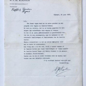 [Typed letter, 1966] Brief van S.J.M. Kooter, d.d. Nijmegen 1966 aan G. Halwasse over familiewapen Kooter. Manuscript, 1 pag.