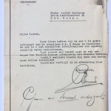 [Two typed lettes 1930] Twee brieven van Anton Bouman jr., d.d. Groningen 1930, aan G. Halwasse betr. wapen Bouman. Manuscripten, 2 pag.