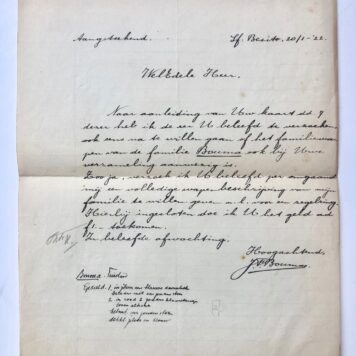 [Manuscript(s), seal ring, 1922] Twee brieven van J.F. Bouma, d.d. Koedoes (Java) 1922 betr. zegelring. Manuscripten, 2 pag.