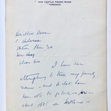 [Manuscript 1957, Canada] Briefje van Helen A. Buik, d.d. Toronto 1957 aan G. Halwasse. Manuscript, 2 pag.