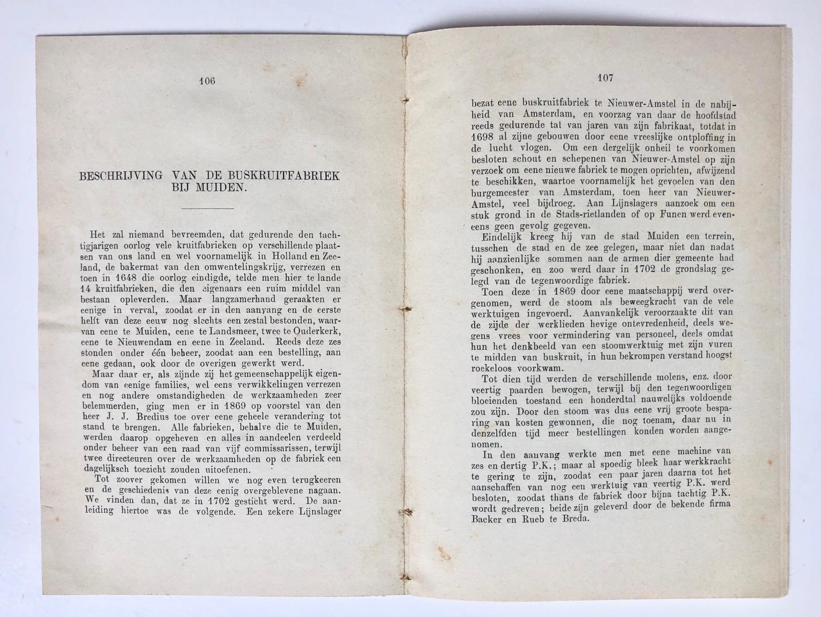 [Extract gunpowder factory Muiden, 1888] Extract uit Jaarboek Adelborsten 1888, met artikel door R. Posthumus Meijjes 'Beschrijving van de buskruitfabriek bij Muiden', pp. 106-116, gedrukt.