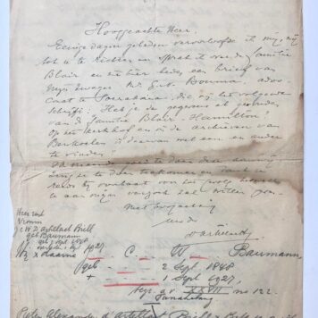 [Manuscript(s), 1936, Indie] Twee brieven van W.G.E. d'Artillac Brill, d.d. Buenos Aires 1936, aan P.C. Bloys v. Treslong Prins betr. de families Brill en Blair in Indie. Manuscripten, 4 pag.