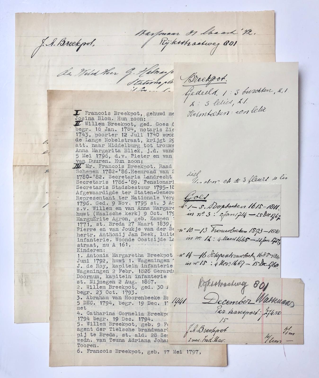  - [Manuscript 1942] Brief van J.A. Breekpot, d.d. Wassenaar 1942, aan G. Halwasse betr. familiewapen Breekpot.