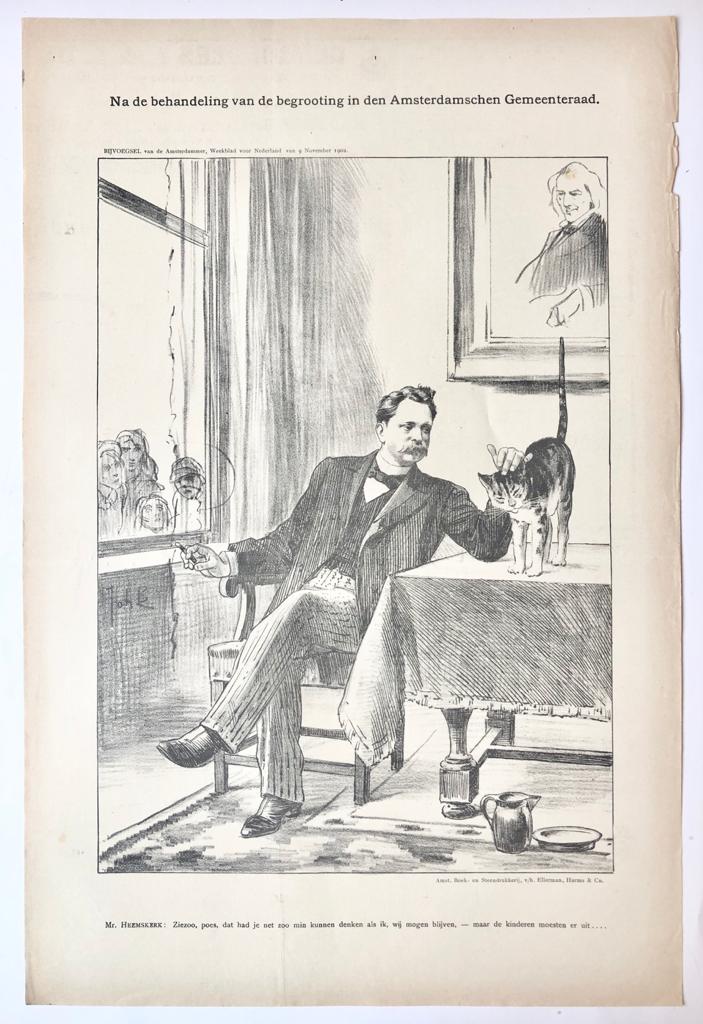 Braakensiek, Johan (1858-1940) - [Original lithograph/lithografie by Johan Braakensiek] Na de behandeling van de begrooting in den Amsterdamschen Gemeenteraad, 9 November 1902, 1 pp.