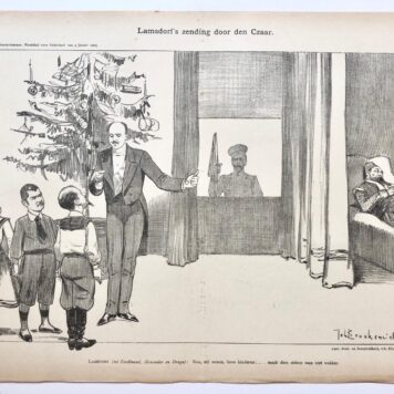 [Original lithograph/lithografie by Johan Braakensiek] Lamsdorf's zending door den Czaar, 4 Januari 1903, 1 pp.
