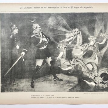 [Original lithograph/lithografie by Johan Braakensiek] De Duitsche Keizer en de Kroonprins in hun strijd tegen de oppositie, 1 Februari 1903, 1 pp.