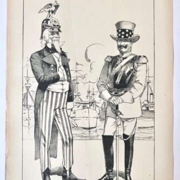 [Original lithograph/lithografie by Johan Braakensiek] De Amerikaansche vloot te Kiel, 5 Juli 1903, 1 pp.