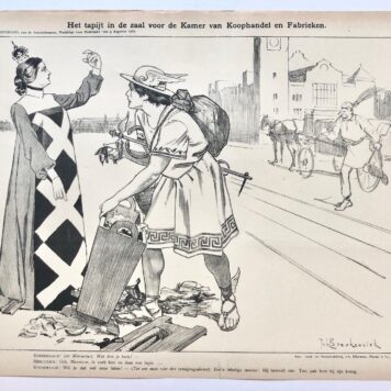 [Original lithograph/lithografie by Johan Braakensiek] Het tapijt in de zaal voor de Kamer van Koophandel en Fabrieken, 9 Augustus 1903, 1 pp.