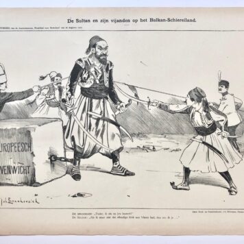 [Original lithograph/lithografie by Johan Braakensiek] De Sultan en zijn vijanden op het Balkan-Schiereiland, 16 Augustus 1903, 1 pp.