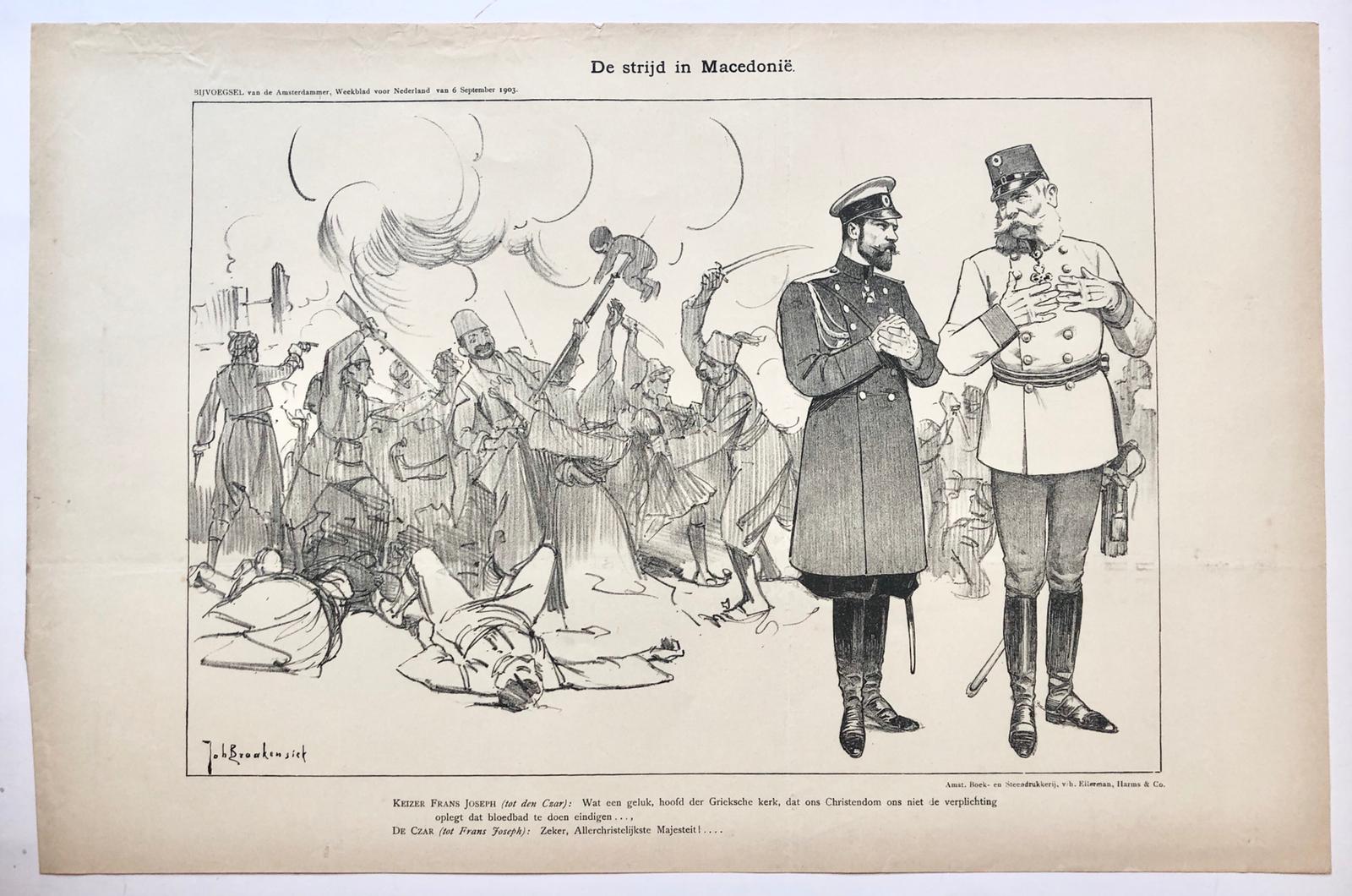 [Original lithograph/lithografie by Johan Braakensiek] De strijd in Macedonië, 6 September 1903, 1 pp.