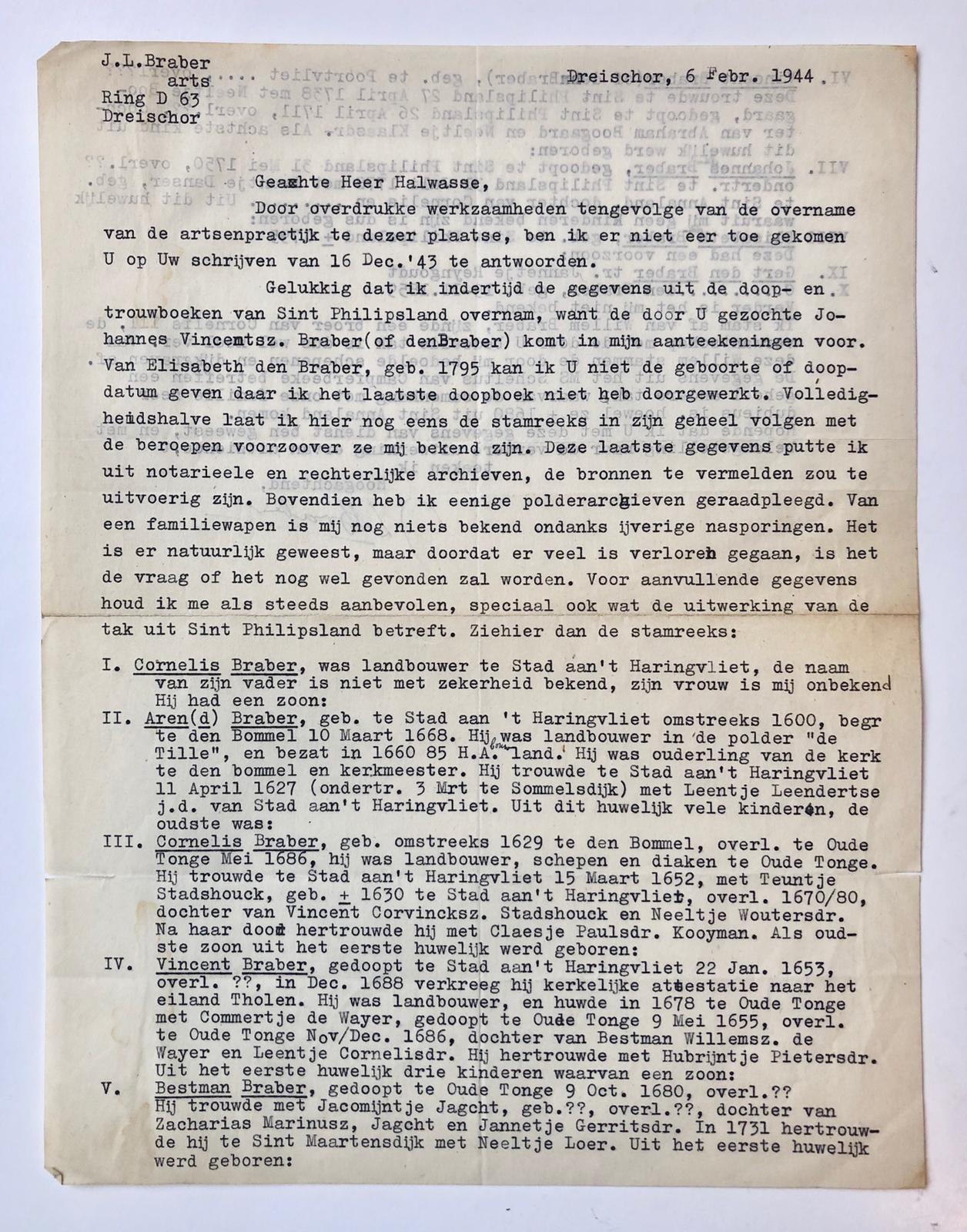  - [Typed letter 1944] Brief van J.L. Braber te Dreischor 1944 aan G. Halwasse, betr. de stamreeks Braber. Manuscript, 2 pag.