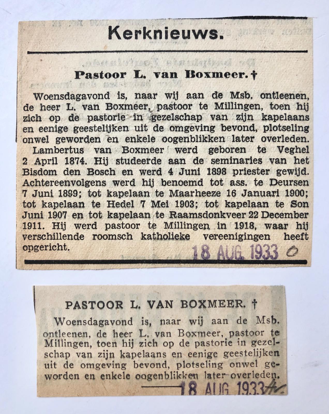 [Newspaper articles 1933] Twee krantenknipsels betr het overlijden van pastoor L. van Boxmeer, 1933.