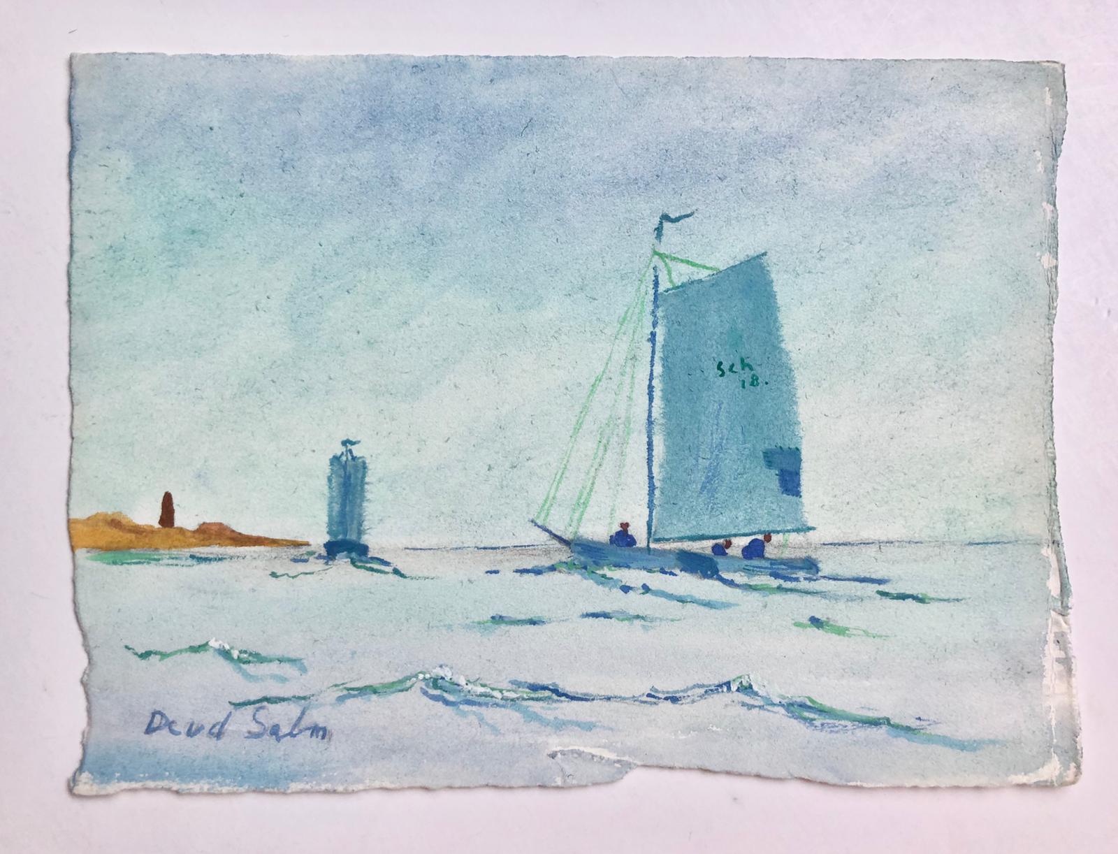[Drawing, aquarel, watercolor]Geaquarelleerde tekening van twee schepen op zee, gesigneerd D. v.d. Salm. 14x19 cm.
